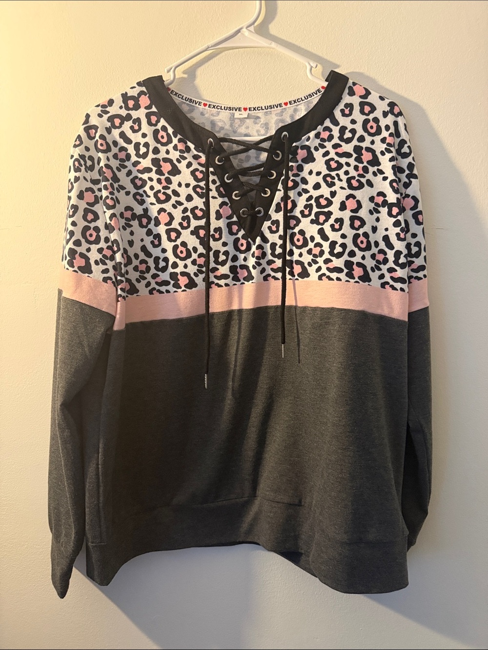 Women's Pink & Charcoal Leopard Lace-Up Sweatshirt